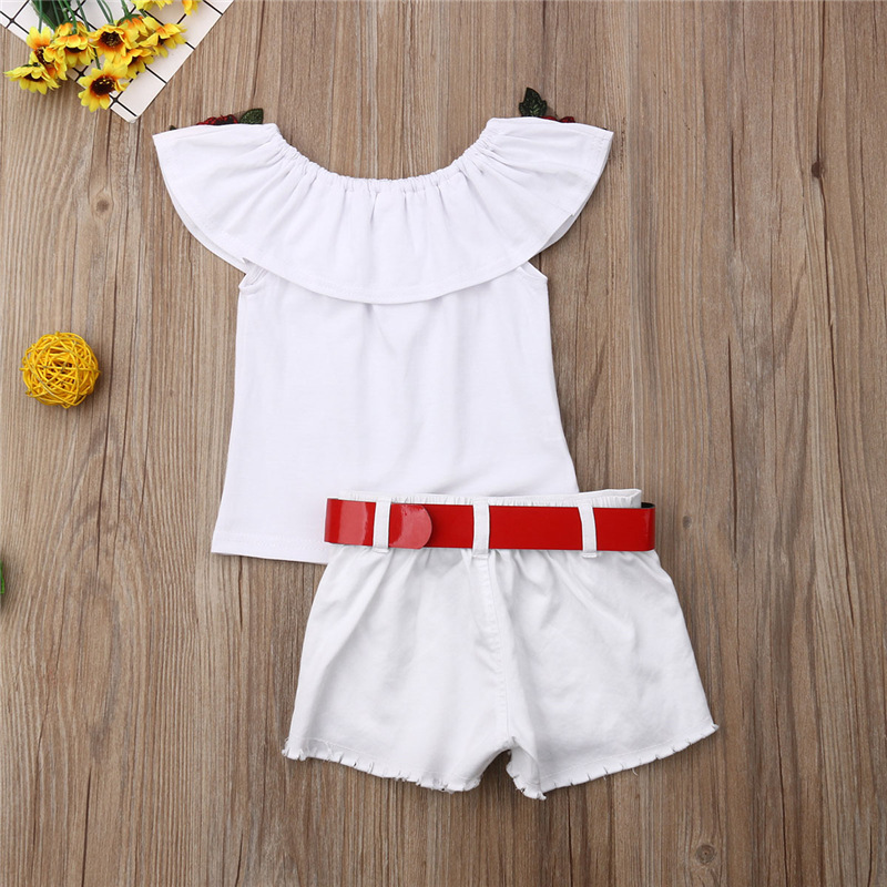 Abbigliamento per bambini all'ingrosso per ragazze, estate, top a maniche corte con fiori, maglietta, pantaloncini in denim, cintura, set da tre pezzi, un pezzo, spedizione diretta_voghion.com
