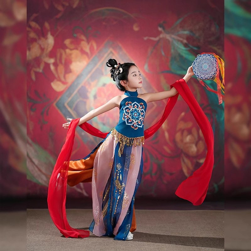 儿童敦煌舞蹈服装乐鼓异域风情古典舞服女童表演服敦煌飞天演出服