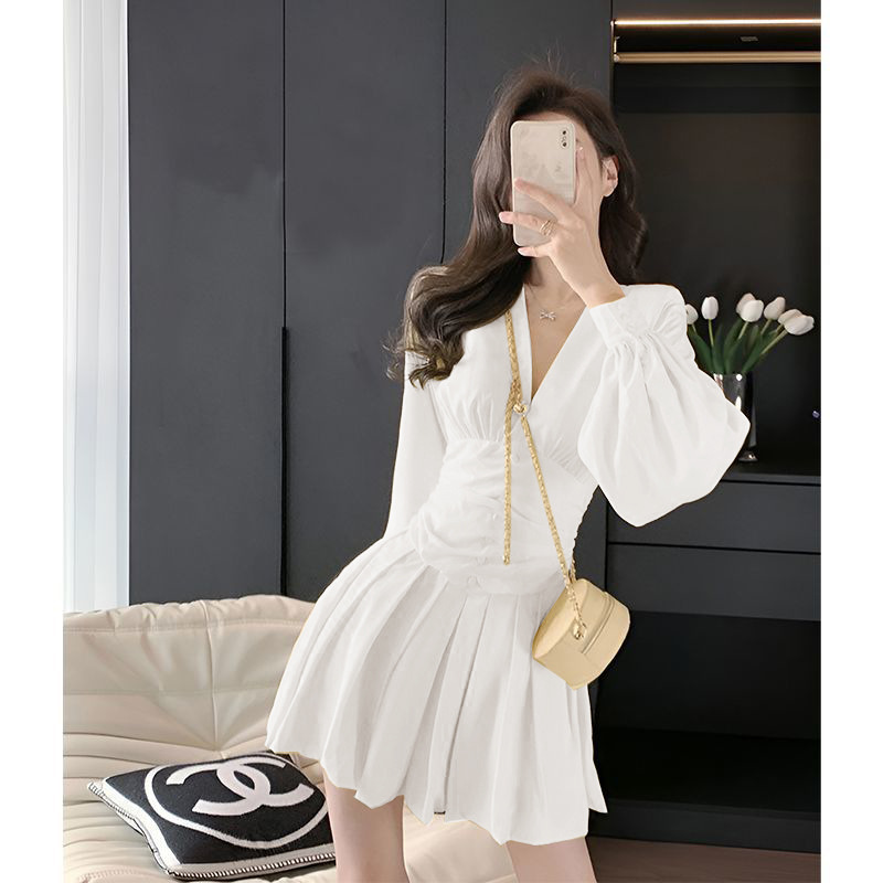 Women's Chiffon V-Neck Lantern Sleeve Mini Dress