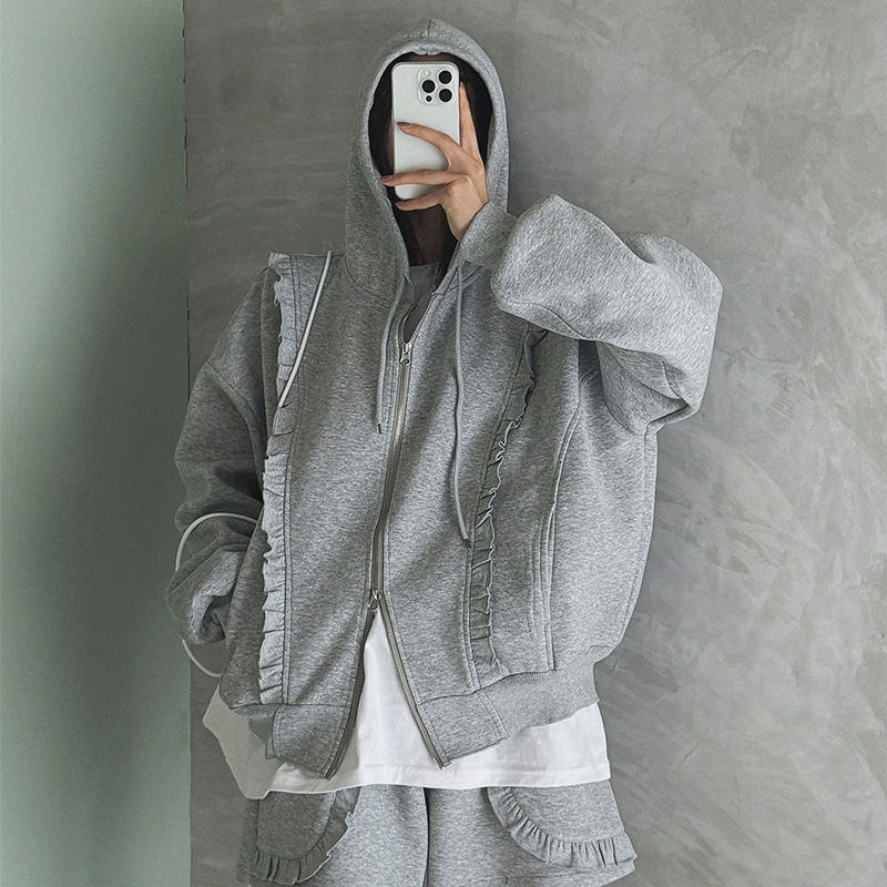 韩国代购女装货源 新款荷叶边连帽卫衣 宽松休闲拉链开衫外套女