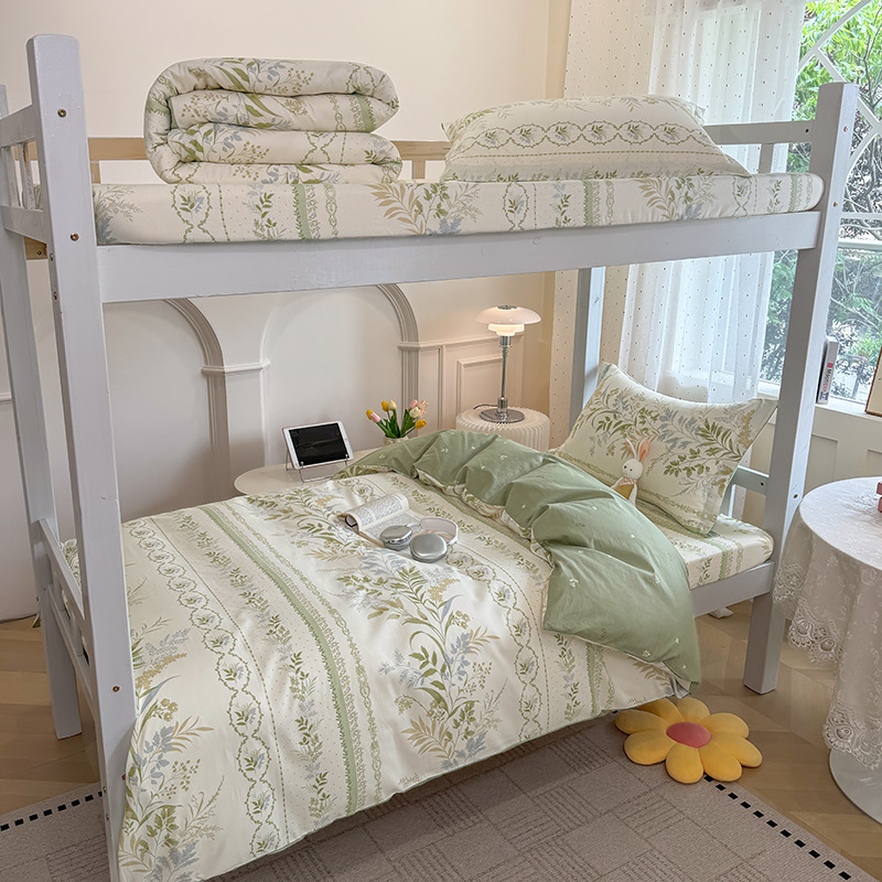 Juego de cama de dormitorio de estudiantes universitarios de tres piezas de algodón puro algodón lavado de algodón sábana individual funda de edredón juego de cama de cuatro piezas