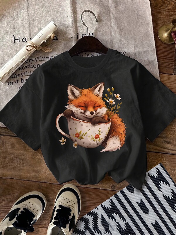 Women's Floral Fox Print T-Shirt Short Sleeve Round Neck Casual Top Suitable for Spring and Summer Black European and American Pattern Women's Floral Fox Print T-Shirt Short Sleeve Round Neck Casual Top Suitable for Spring and Summer Black European and American Pattern