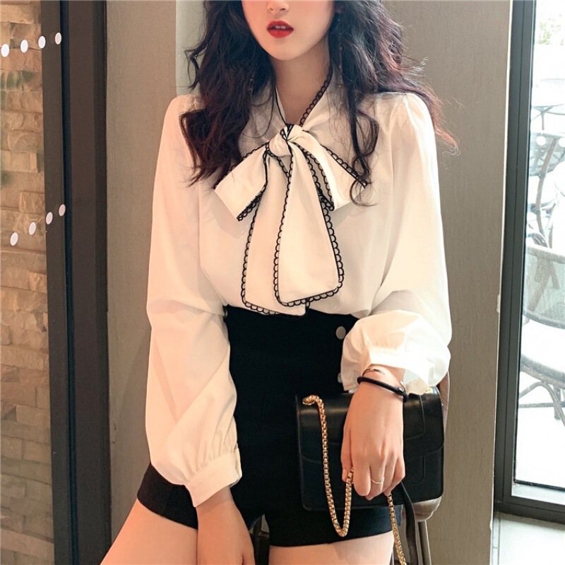 Real Shot 2022 Autumn and Winter New Vintage Bow Lace-up Christmas Girl Drop Shirt for Women