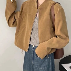 2025慵懒风设计复古立领短款外套新款春秋休闲小个子夹克机车上衣
