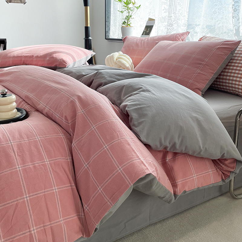 Cama de algodón lavado de algodón de cuatro piezas, sábana de algodón, funda de edredón, dormitorio de estudiantes, ropa de cama de tres piezas, ropa de cama