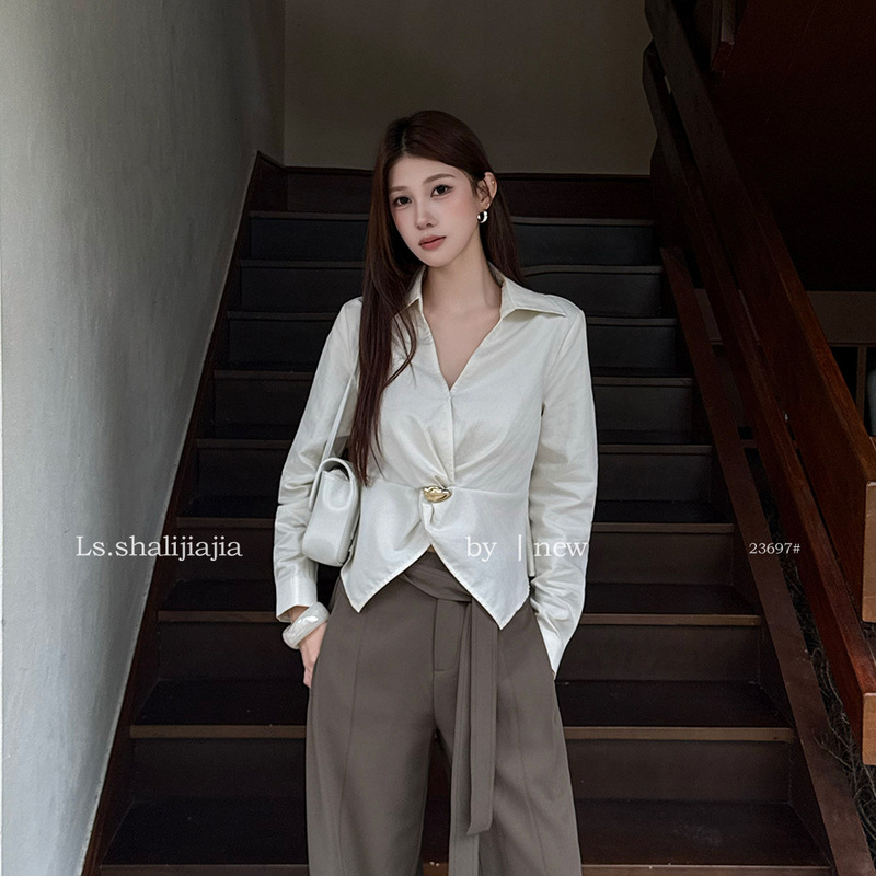 LS Casual Chic Twisted Waist Shirt Guangzhou Thirteen Lines 2026 Early Autumn New Women's Top 23697