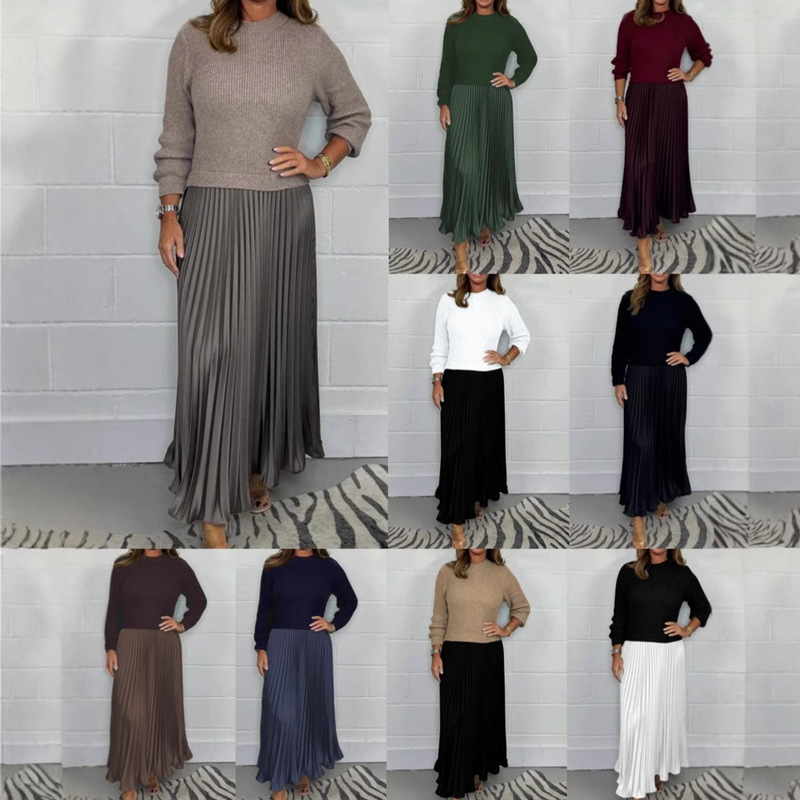 In-Stock 2025 Autumn European and American Cross-Border Independent Station Aliexpress Solid Color Knitted Long-Sleeve Pullover Patchwork Pleated Dress