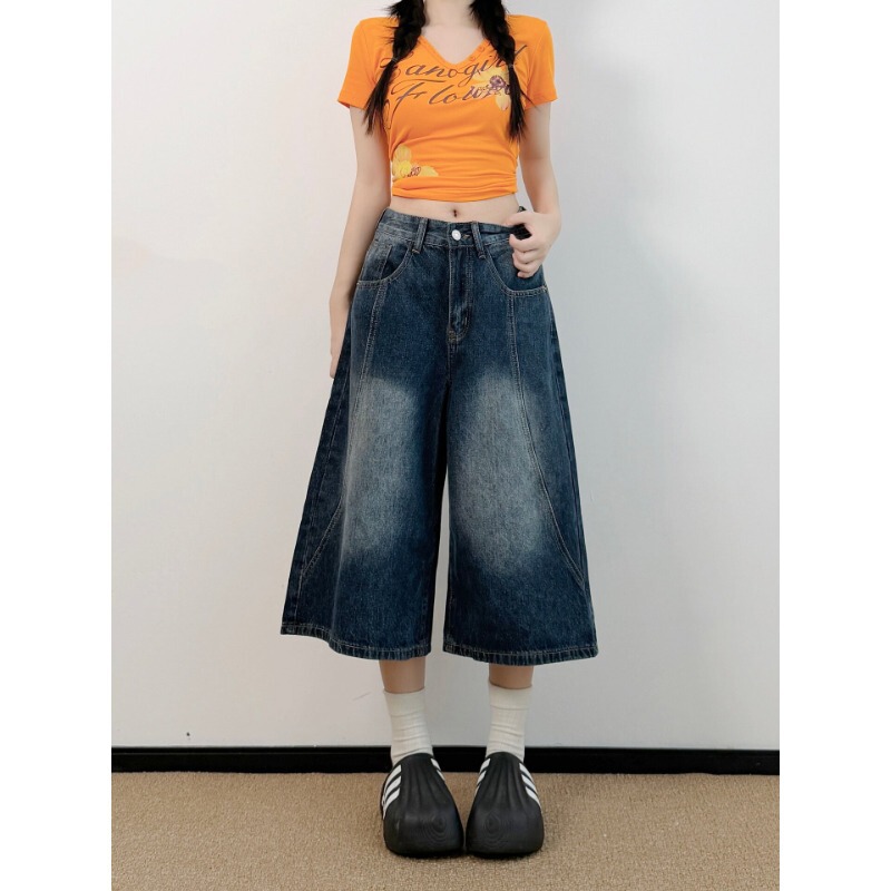 Dark Blue Cropped Denim Shorts for Women, Summer Plus-Size, High-Waisted, Loose Fit, Slimming, Pear-Shaped Body, Wide-Leg Mid-Length Pants Dark Blue Cropped Denim Shorts for Women, Summer Plus-Size, High-Waisted, Loose Fit, Slimming, Pear-Shaped Body, Wide-Leg Mid-Length Pants