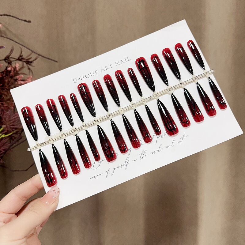 S379-Pre-Made Nail Polish Gothic Aesthetic Red and Black Gradient Wearable Nails Niche Mysterious Long Detachable Nails