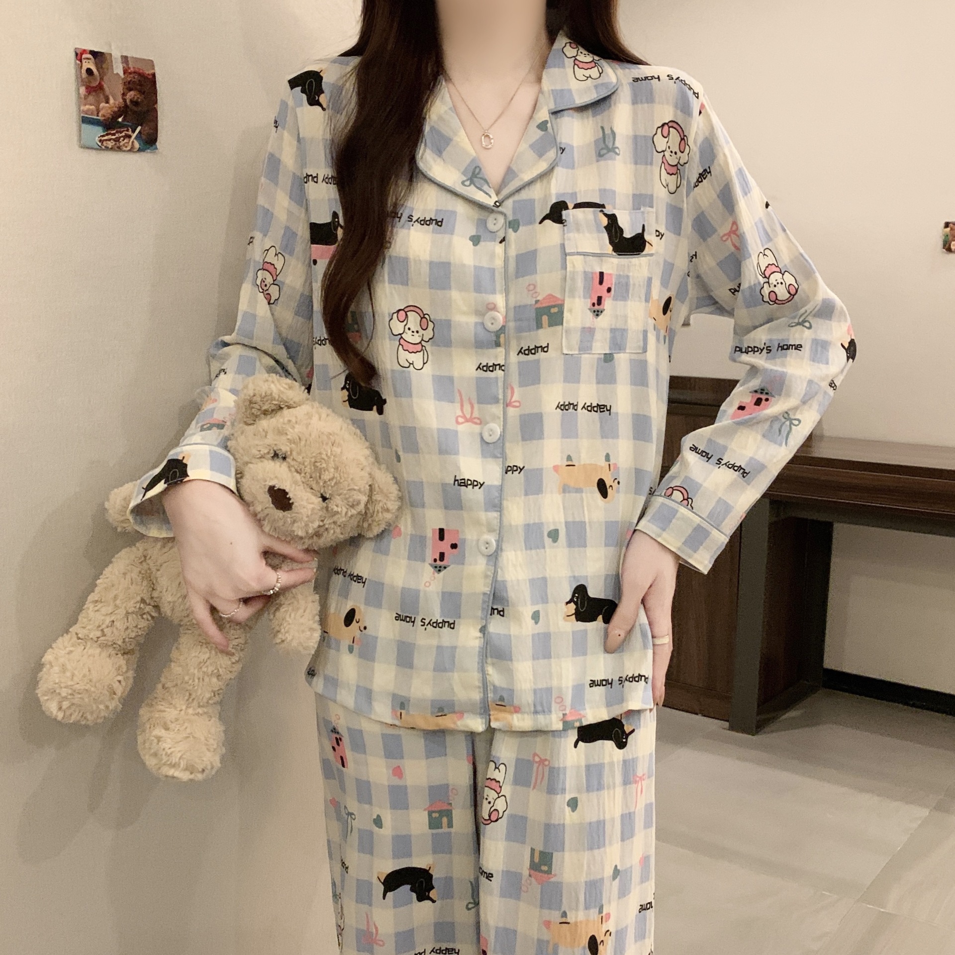 이중 길이: 237#블루 체크무늬 검은 개