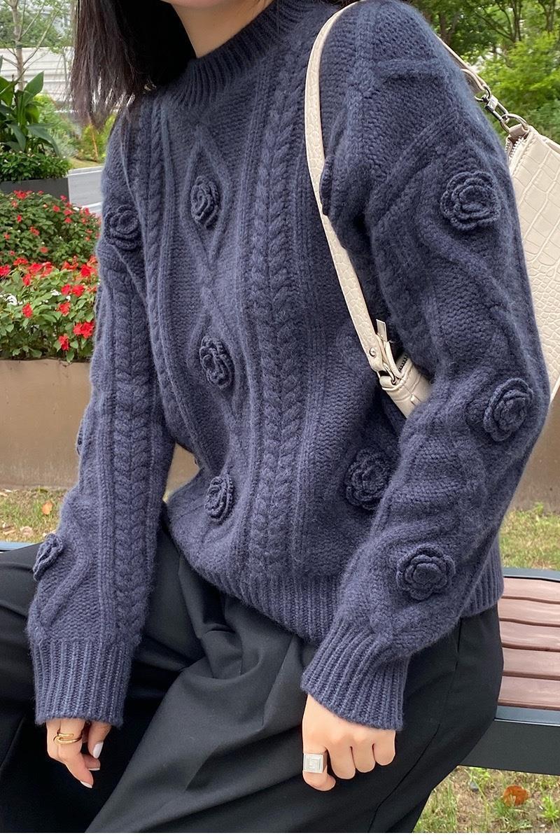 [Kasjmir Arisocraic Family] Fried Dough Twiss-genser med rund hals og blomsterprint, damegenser med løs bomullskrage_voghion.com