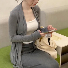 刘yi菲灰色休闲长袖开衫外套女薄款纯欲气质小个子外搭上衣+半裙