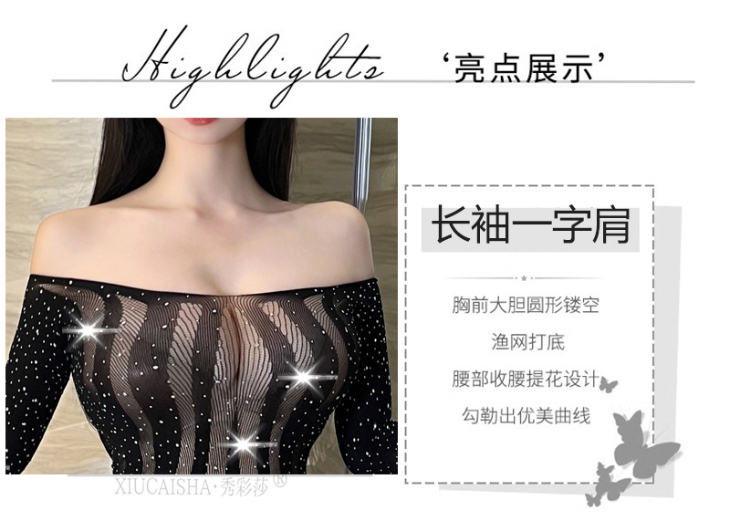Hollow-Out Fishnet Bodystocking with Rhinestone Detail, Black Plus Size One-Piece Lingerie — detail image 6