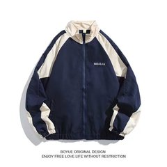 日本系のレトロな色のつなぎ合わせのスタンドカラーのジャケットの男性のタイプの春秋のファッションのブランドのゆるい学院の風のカップルのカジュアルなコート