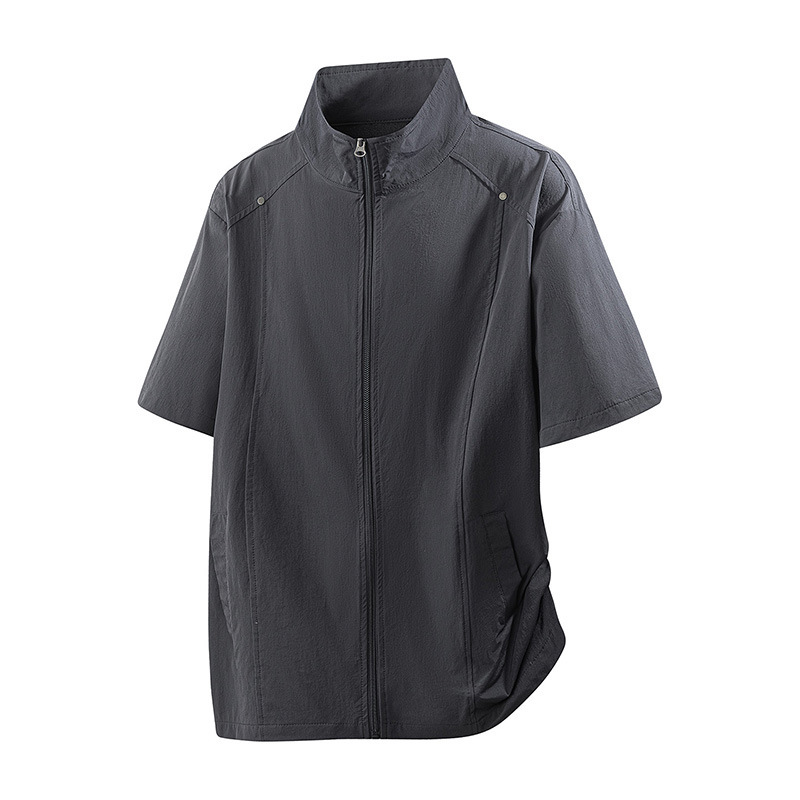 Cross-Border Wholesale Light Luxury Functional Style Men's Knitted Cardigan, Quick-Dry High-Elastic Zipper Short Sleeve, Convertible Lapel Stand Collar