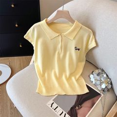 黄色のドーパミンの半ファスナーのPolo襟の半袖のtシャツの夏の小さい子は肉のカジュアルな短い上着の婦人服を遮ります。