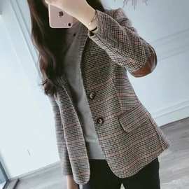 格子毛呢西装外套女2024新款韩版修身百搭复古呢子女士小西服