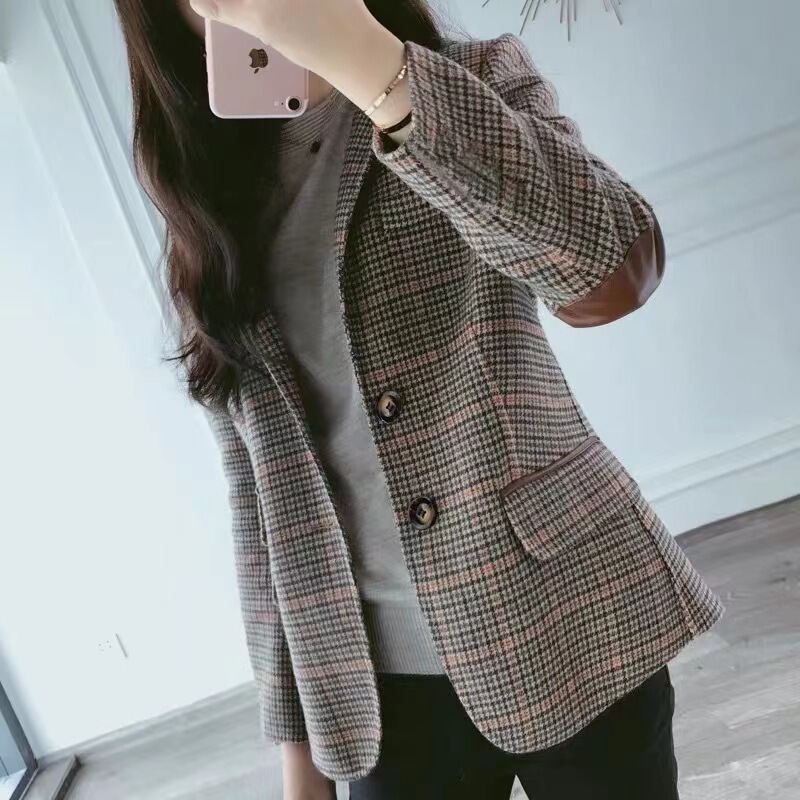 Plaid Woolen Suit Jacket for Women 2026 New Korean Style Slim Fit Versatile Retro Woolen Women's Small Suit Plaid Woolen Suit Jacket for Women 2026 New Korean Style Slim Fit Versatile Retro Woolen Women's Small Suit