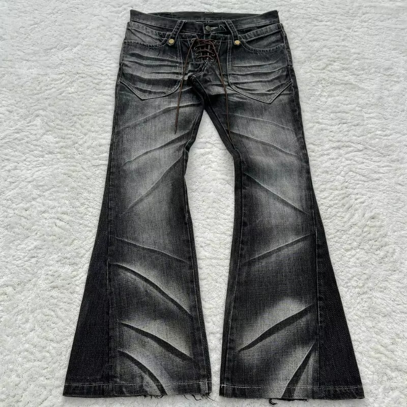 European and American cross-border street style millennium vintage distressed washed jeans with gothic double-waist design and slight flare