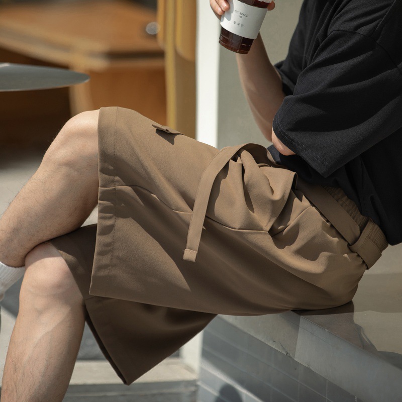 Draped Belt Design Casual Shorts Men's Summer New Mid-length Pants Waist Pleated Trousers Fashionable Brand Loose Pants