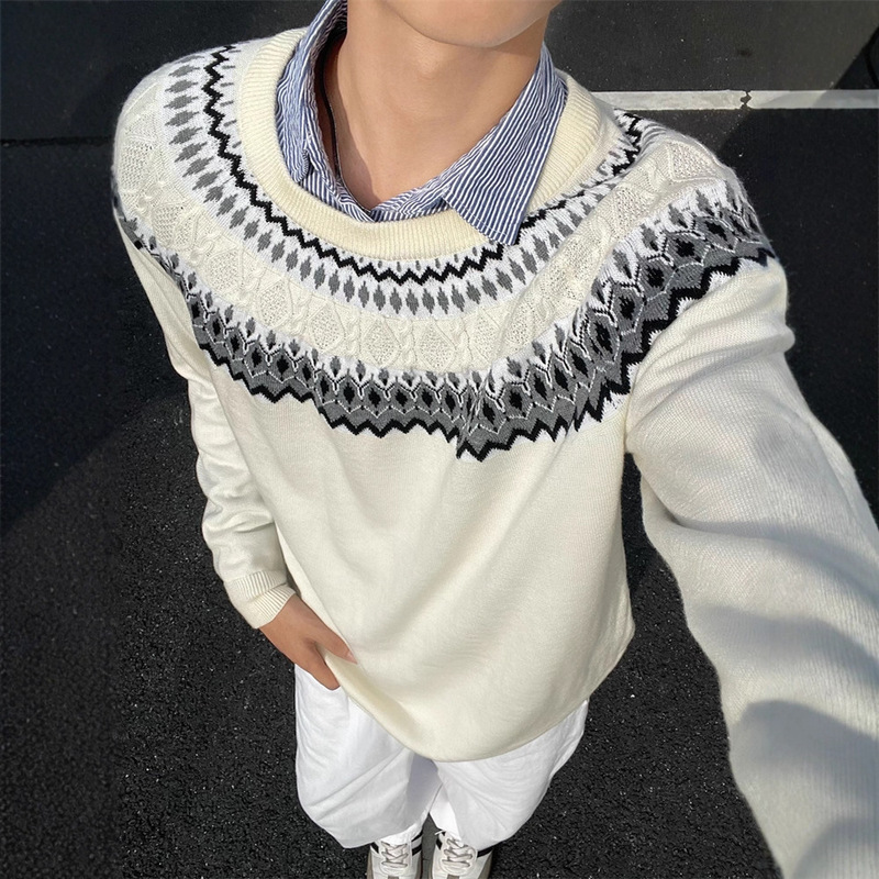 American Retro Fair Isle Boxy Sweater for Men, Autumn High-End Cable Knit Long-Sleeve T-Shirt, Heavy Weight, Regular Shoulder Base Shirt