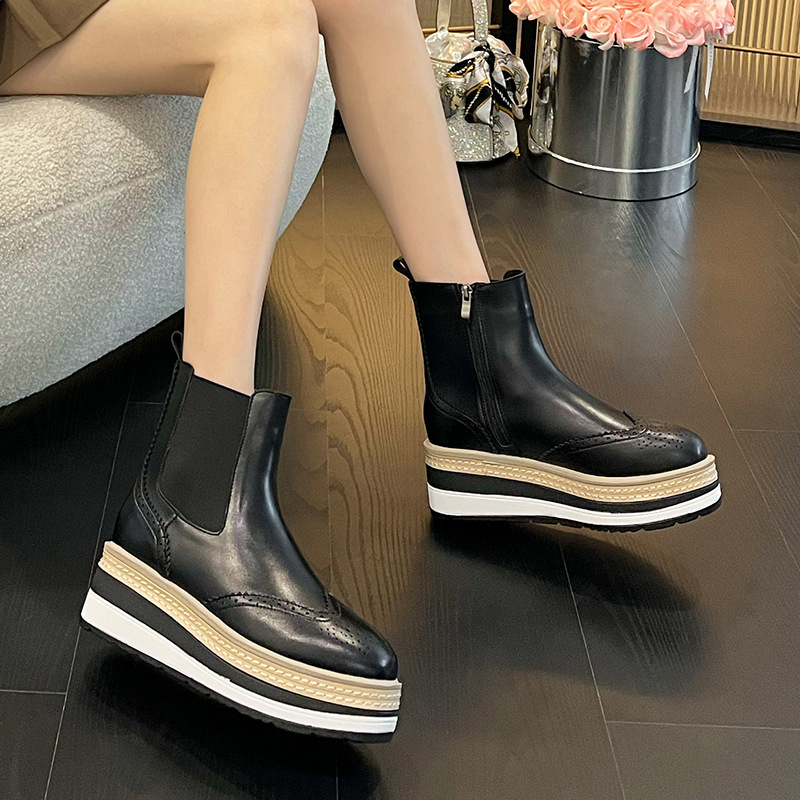 Japanese Style 2025 Winter Brogue Slip-On Fashion Boots for Women, Wedge High Heels, Round Toe, Thick-Soled Platform Shoes, Versatile Short Boots