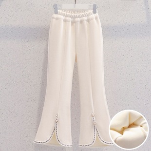 Girls' Fleece-Lined Flared Pants Winter Stylish Children's Split Chanel-Style Pants Winter Fleece Casual Pants