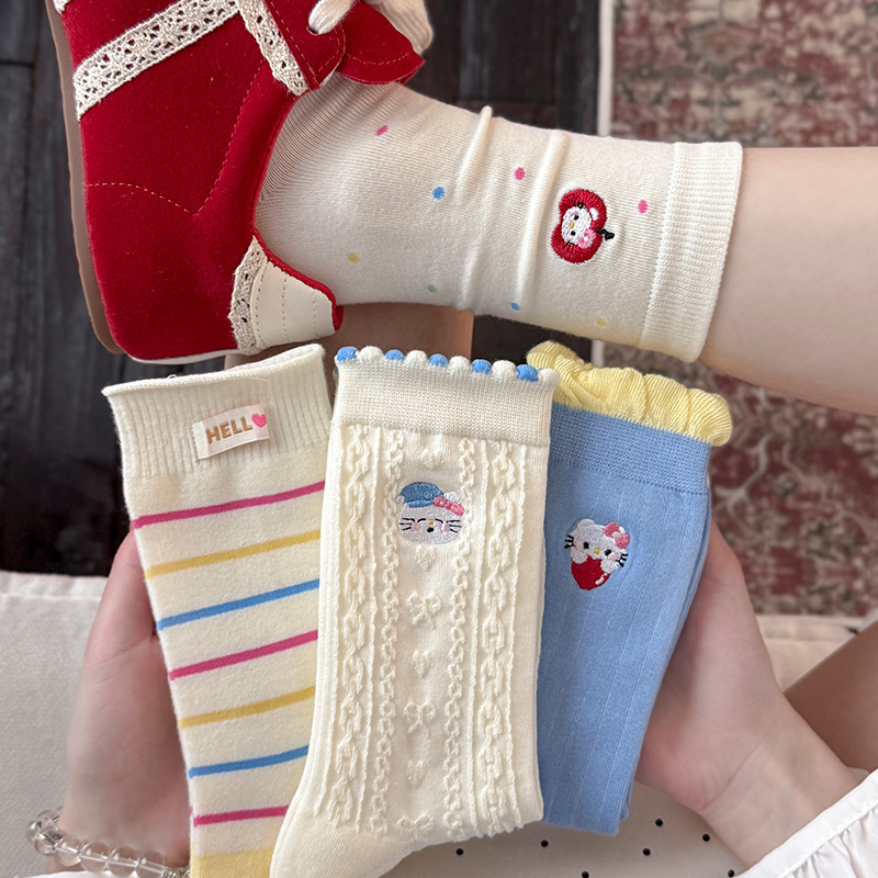 Kt Embroidered Cartoon Mid-Calf Socks for Women, Japanese Cute Slouch Socks, Seamless Stitching, Girly Style, School Style Socks Kt Embroidered Cartoon Mid-Calf Socks for Women, Japanese Cute Slouch Socks, Seamless Stitching, Girly Style, School Style Socks