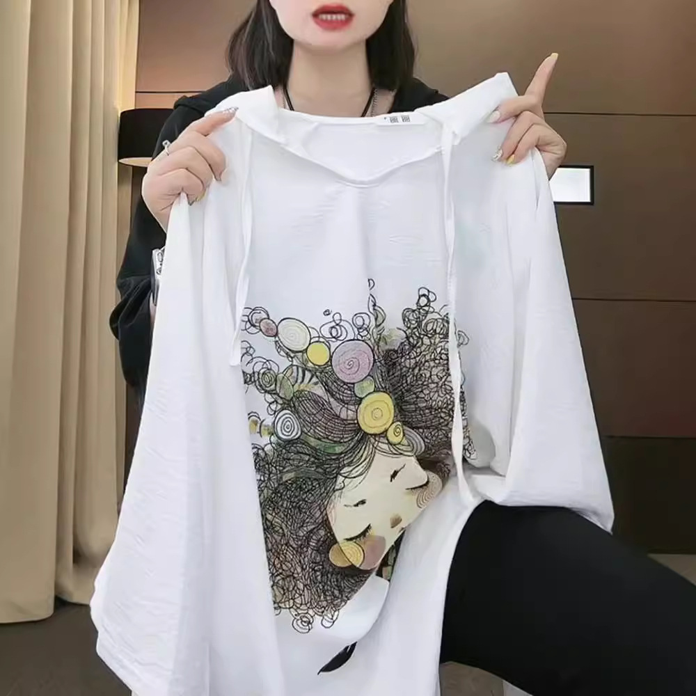 Productos europeos verano nuevo estilo suelto viento casual estampado de dibujos animados con capucha top de manga corta camiseta delgada de longitud media