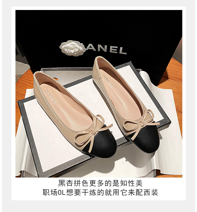 Giày búp bê nữ mũi tròn da cừu phối nơ, đế bệt gót thấp 1–3 cm — Mây Xám, Trắng sữa, Đen Mơ chi tiết 10