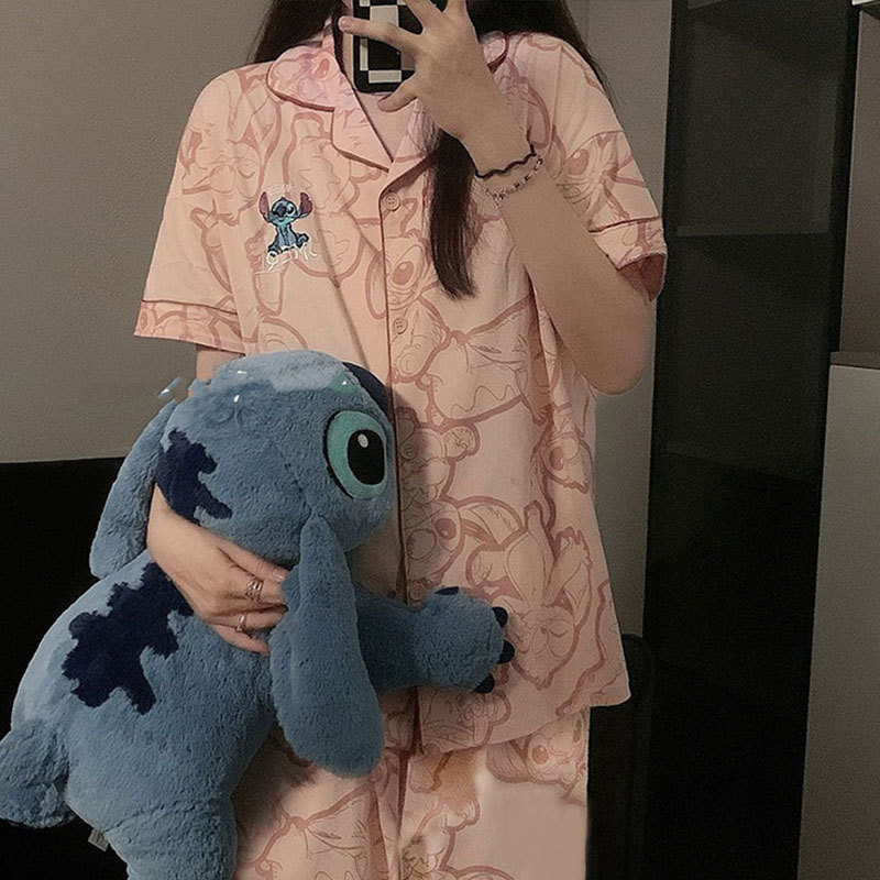 New Stiezi Couple Pajamas Women's Summer Cartoon Ins Style Men's Home Clothes Cardigan Short-sleeved Pants Two-piece Set