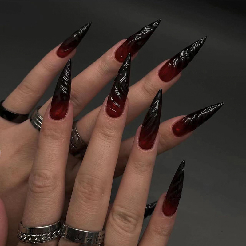 3D three-dimensional Halloween wearing armor blooming super long pointed gradient holy manicure fake nails dark red nail wholesale