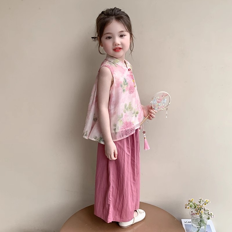 女の赤ちゃん韓服スーツ夏服 2025 新しい子供の新しい中国風のツーピースセット女の子の夏服トレンディな配送|undefined
