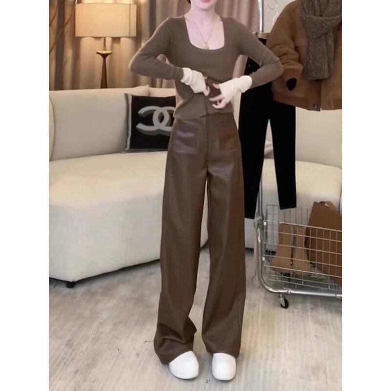 High-End Coffee-Colored Casual Leather Pants for Women, Spring 2026 New Style, Petite Pants, High-Waisted, Slim-Fit, Narrow Straight-Leg Pants High-End Coffee-Colored Casual Leather Pants for Women, Spring 2026 New Style, Petite Pants, High-Waisted, Slim-Fit, Narrow Straight-Leg Pants