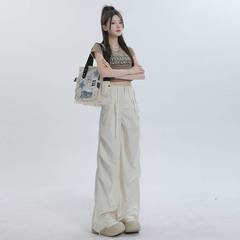 批发奶杏高腰直筒束脚工装裤女夏季美式宽松运动裤休闲阔腿裤