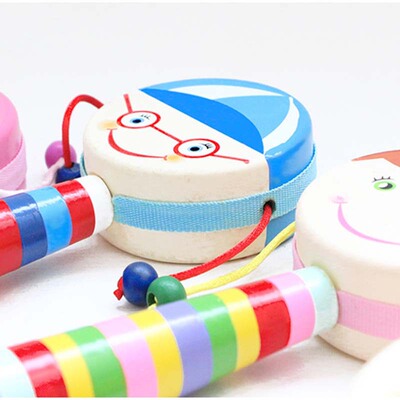 撥浪鼓木制嬰幼兒互動興趣動手動腦智力開發玩具可啃咬羊皮制手搖