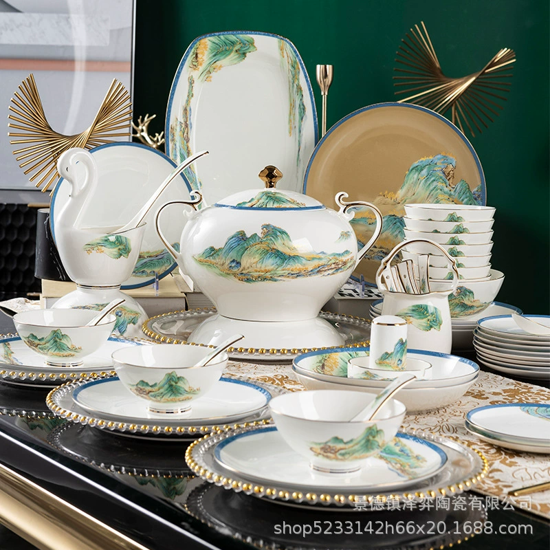 2024 набор посуды из bone china Jingdezhen, чаши и тарелки, новый китайский стиль, керамические чаши и тарелки, полный подарок, оптом