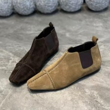 羊皮版~复古小众绒面方头平底切尔西短靴女2025新款通勤裸靴单靴