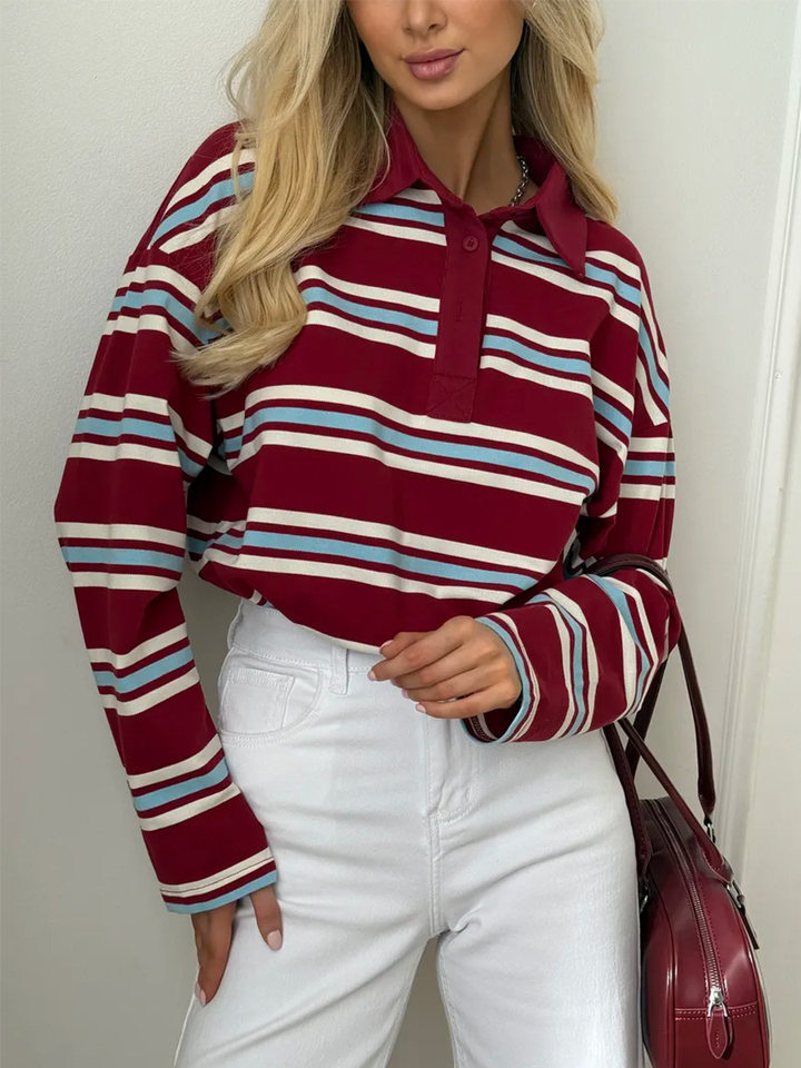 Áo thun nữ sọc dài tay cổ polo dáng rộng phong cách retro — hồng, màu nâu, nâu sẫm, quần kaki chi tiết 52