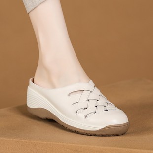 Cross-border Middle-aged Mother Slippers Women's Outfit Summer Thick-soled Casual Shoes Genuine Leather Soft-soled Non-slip Open-out Sandals
