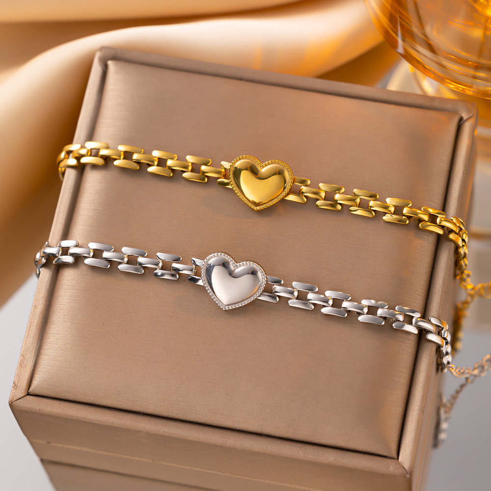 Daily Occasion Titanium Steel Material Simple Style Heart Shape Titanium Steel Chain-free Bracelets In Bulk