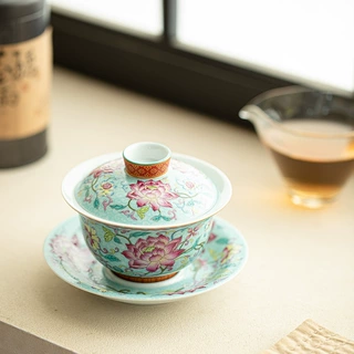 仿古珐琅彩莲华盖碗三才盖碗大容量景德镇泡茶碗陶瓷茶具功夫茶碗