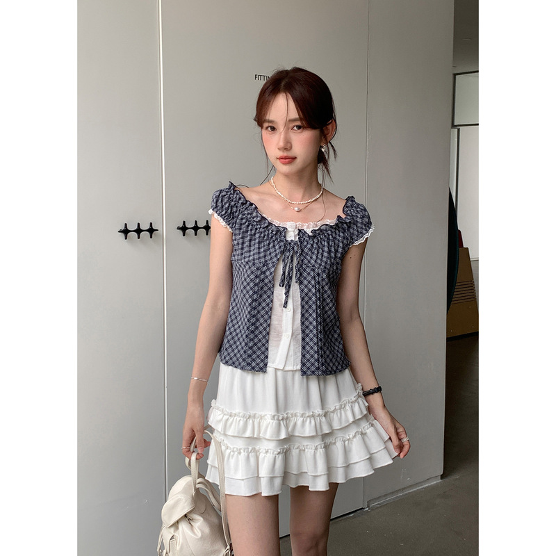 Yier Shirt Anna Fake Two-Piece Tie-Neck Lace Short Blouse Women's Korean Style Short Sleeve Top Ye0145 Yier Shirt Anna Fake Two-Piece Tie-Neck Lace Short Blouse Women's Korean Style Short Sleeve Top Ye0145