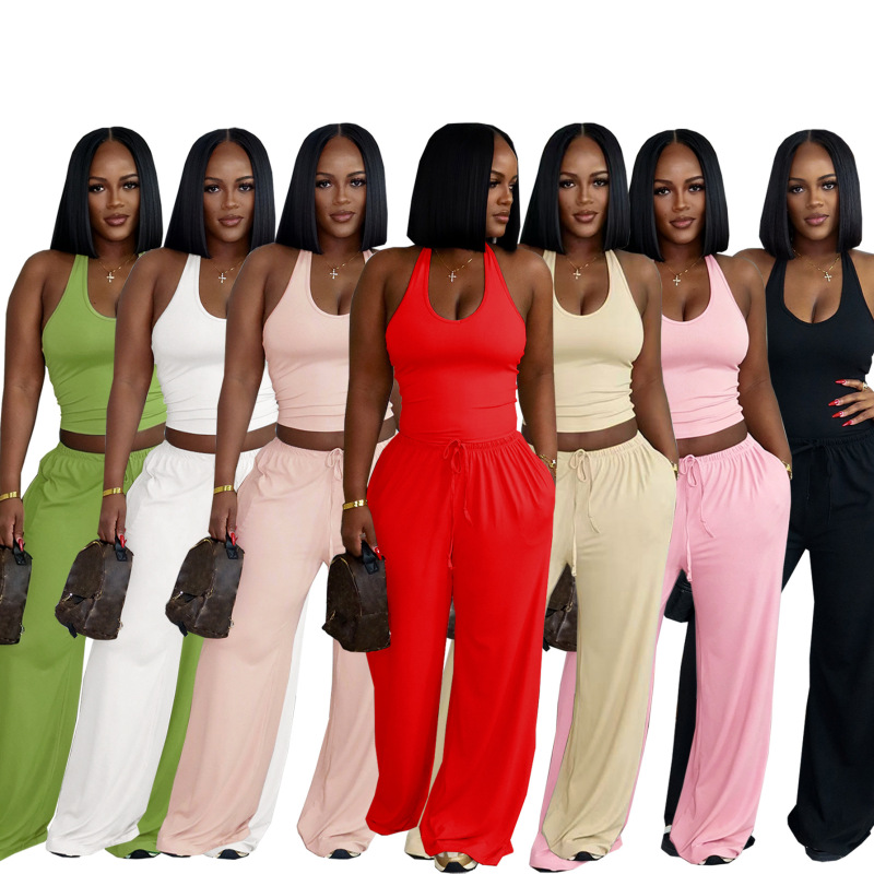 Tw839 Cross-Border European and American Amazon Women's Summer Solid Color Casual Street Halter Neck Set High-Waisted Pocket Wide-Leg Pants