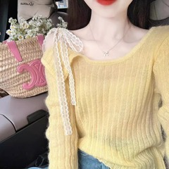 KANING 優しいオフショルダーモヘアレースリボンニットトップス レディース 秋 薄手 2025年新作