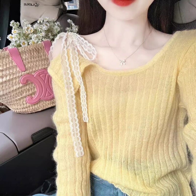 Kaning Gentle Off-Shoulder Mohair Lace Ribbon Knit Sweater Top for Women, Thin Autumn Style, 2026 New Model