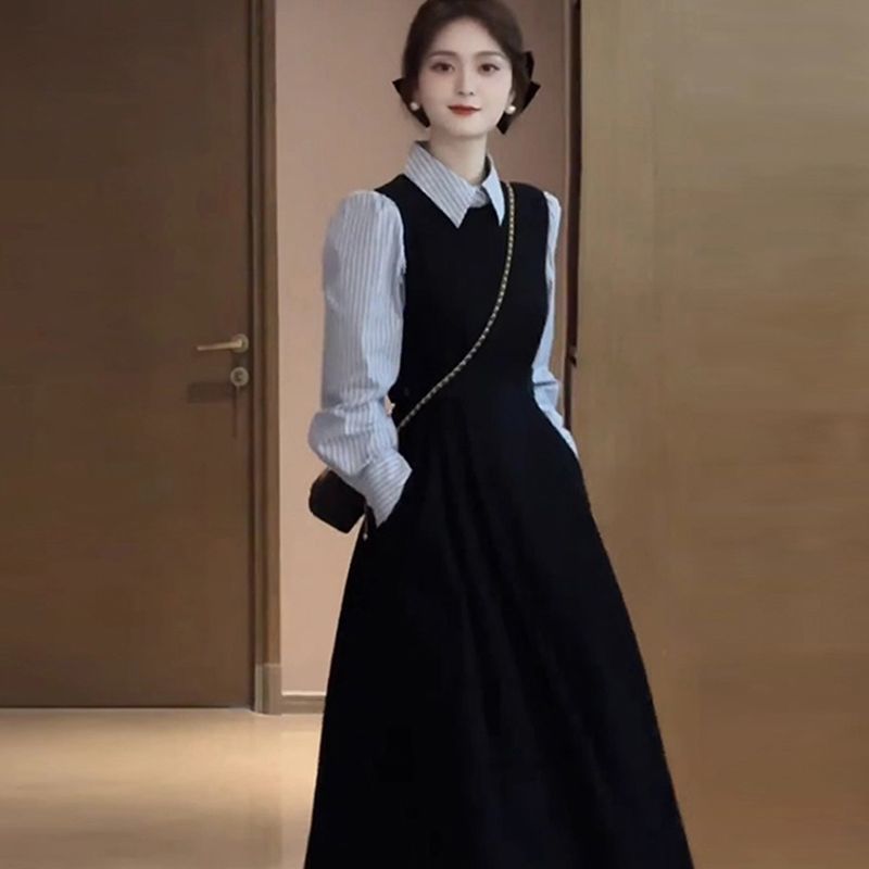 秋の新フレンチヘップバーンスタイルドレス女性の新しいスリムネイビーシャツ気質黒のロングスカート|undefined