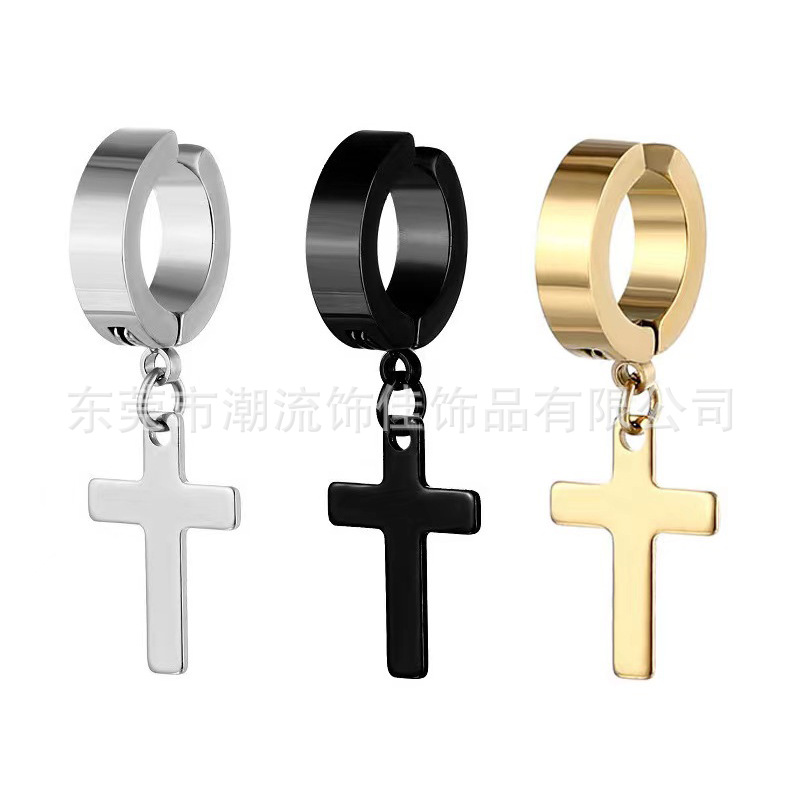 European and American hot fashion titanium steel men's cross ear clip stainless steel hip hop trendy earrings jewelry wholesale