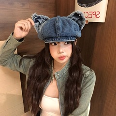 翻檐可爱磨毛猫耳水洗做旧八角帽子女百搭文艺复古牛仔报童贝雷帽