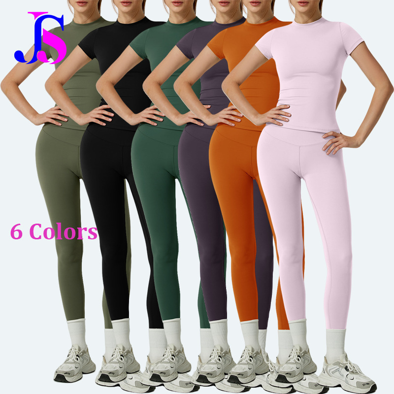 Brocade Silk 11 Color European and American Short-sleeved Pants for Spring and Summer Yoga suit Running Sports suit Fitness Clothes for Women Yoga Set